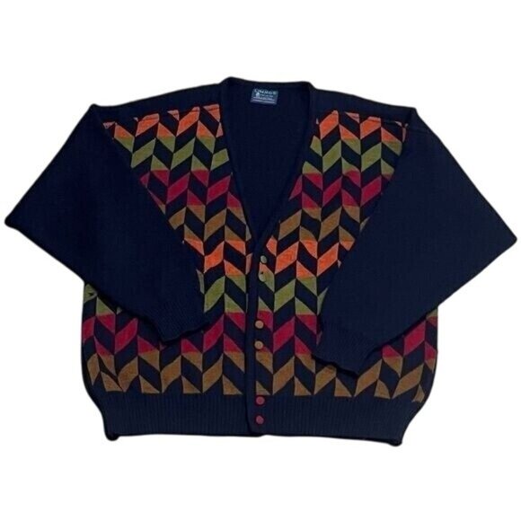 Limnos Pure New Wool Multicolor Geometric Grandpa Cardigan Cozy Cabin Men's L - Picture 2 of 7